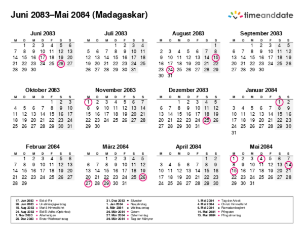 Kalender für 2083 in Madagaskar