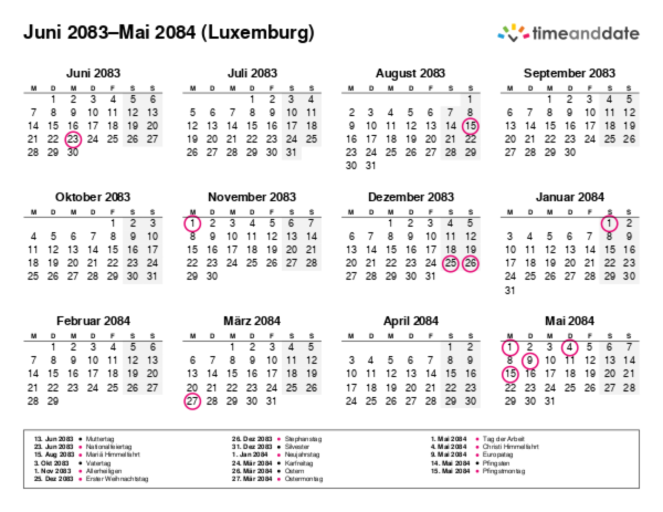 Kalender für 2083 in Luxemburg