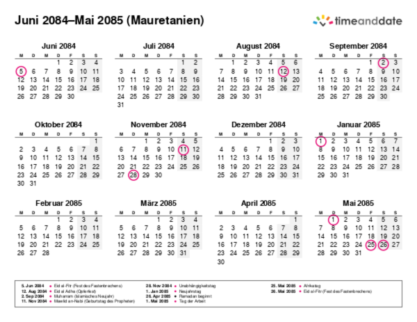 Kalender für 2084 in Mauretanien
