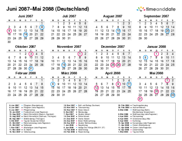 Kalender für 2087 in Deutschland