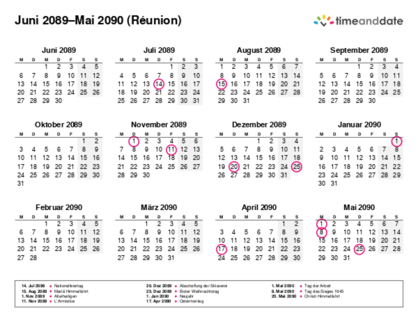 Kalender für 2089 in Réunion