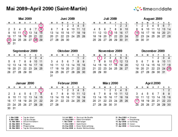 Kalender für 2089 in Saint-Martin