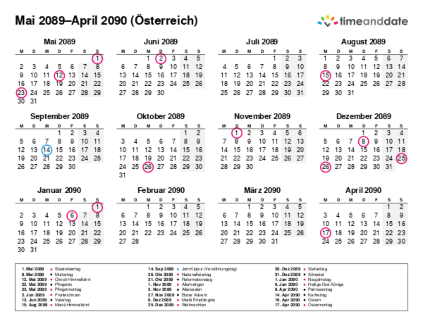 Kalender für 2089 in Österreich