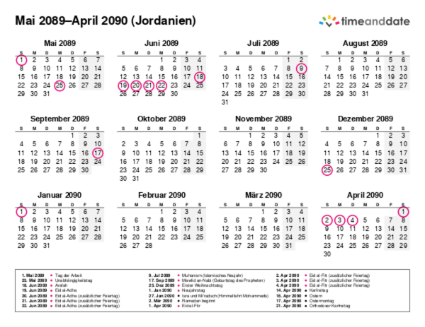 Kalender für 2089 in Jordanien