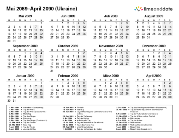 Kalender für 2089 in Ukraine