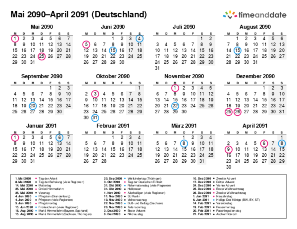 Kalender für 2090 in Deutschland