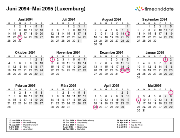 Kalender für 2094 in Luxemburg