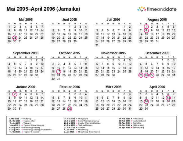 Kalender für 2095 in Jamaika