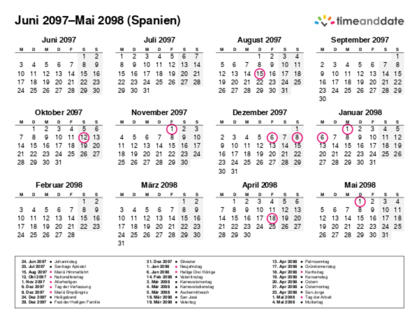 Kalender für 2097 in Spanien